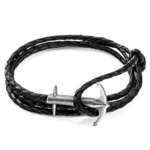 Bracelet Admiral ancre argent et tressé cuir charbon noir – ANCHOR & CREW