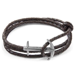 Bracelet Admiral ancre argent et tressé cuir marron foncé – ANCHOR & CREW