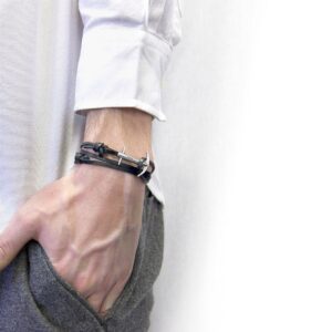 Bracelet Admiral ancre argent et plat cuir charbon noir – ANCHOR & CREW